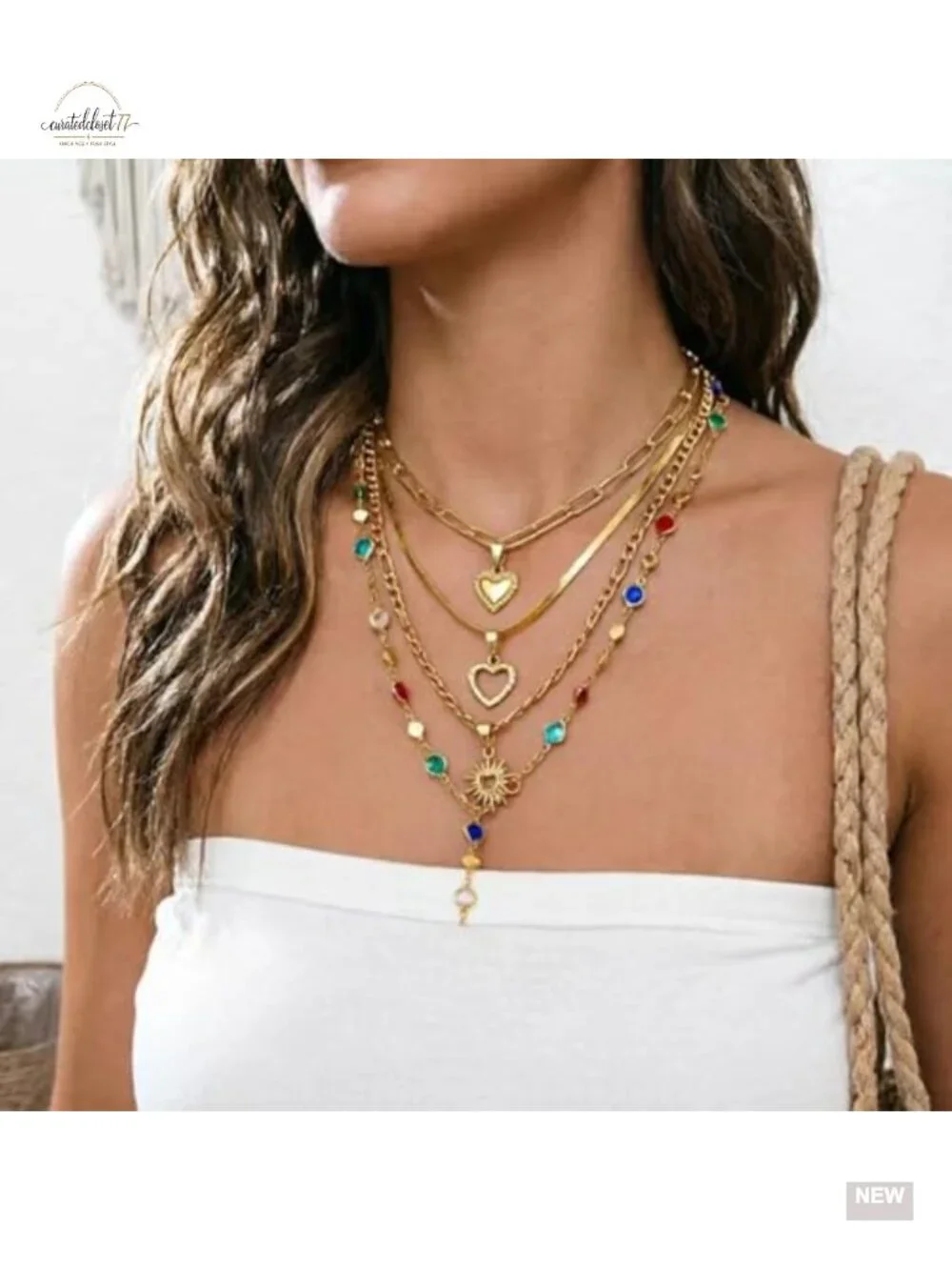 4 PCS Layered Heart Pendant Necklace Set Bohemian Crystal Stackable Jewelry